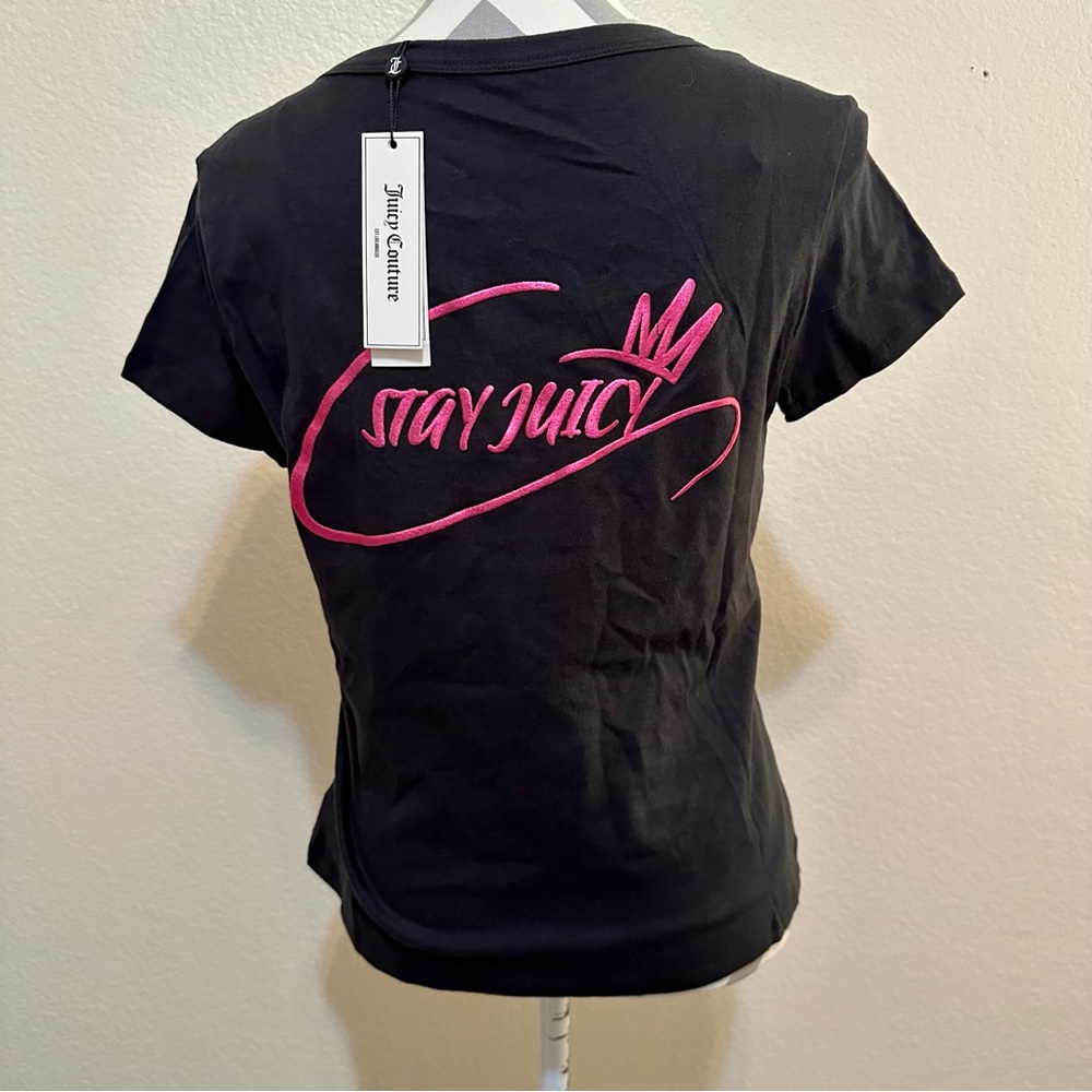 NWT Juicy Couture Black Hot Pink Embroidered Crown Short Sleeve T Shirt Medium
